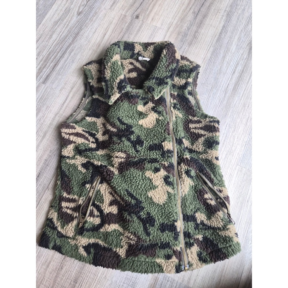 Hem & Thread Womens Camo Sherpa Vest Green Camouflage Asymmetric Zip Small